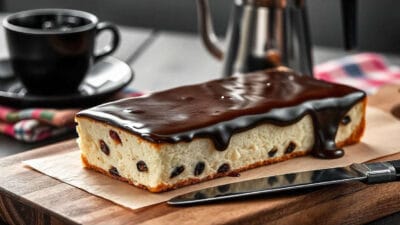 A rectangular chocolate chip cake covered in glossy chocolate glaze.
