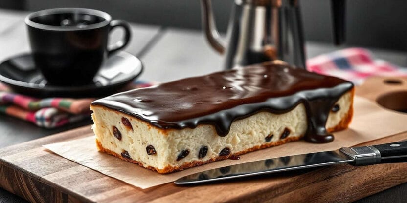 A rectangular chocolate chip cake covered in glossy chocolate glaze.