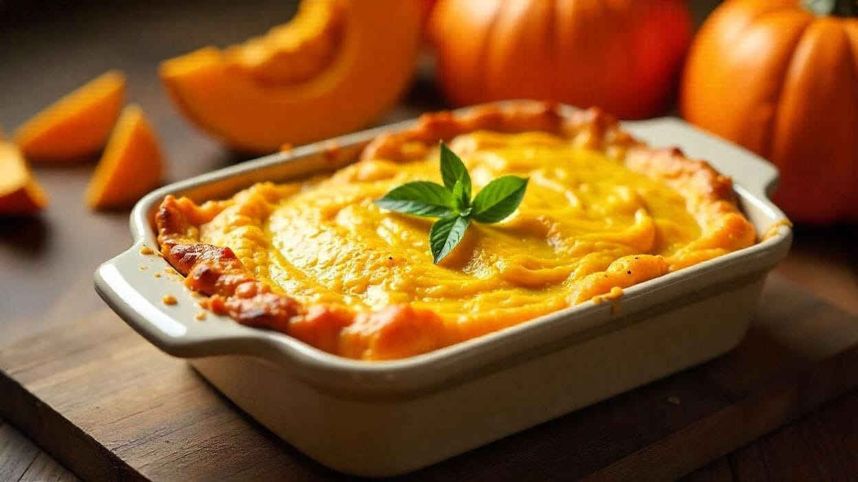 A baked pumpkin casserole topped with a fresh basil leaf in a ceramic dish.