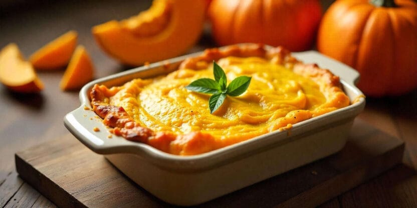 A baked pumpkin casserole topped with a fresh basil leaf in a ceramic dish.