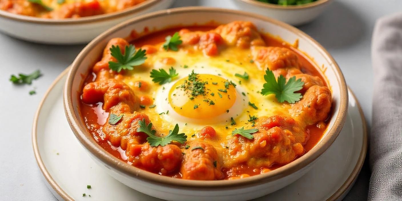 Shakshuka with Egg – A savory tomato and bell pepper stew topped with a poached egg.