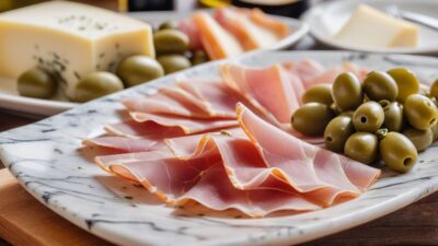 Thinly sliced ham and cheese served with green olives. BookOfFoods