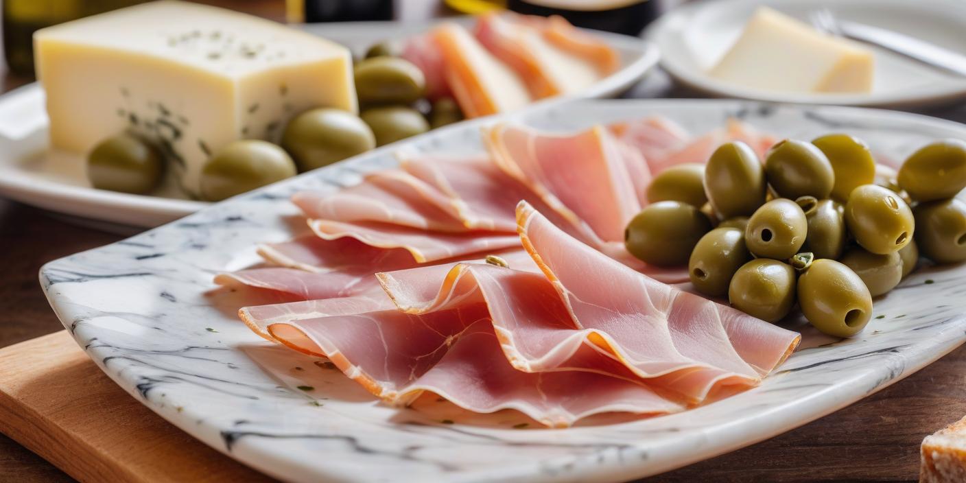 Thinly sliced ham and cheese served with green olives. BookOfFoods