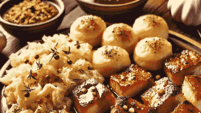 A tray of bread rolls and savory pastries topped with seeds and herbs.
