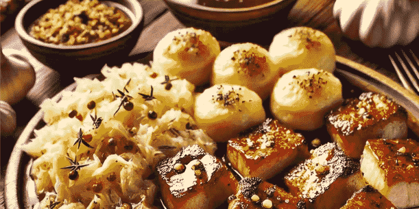 A tray of bread rolls and savory pastries topped with seeds and herbs.