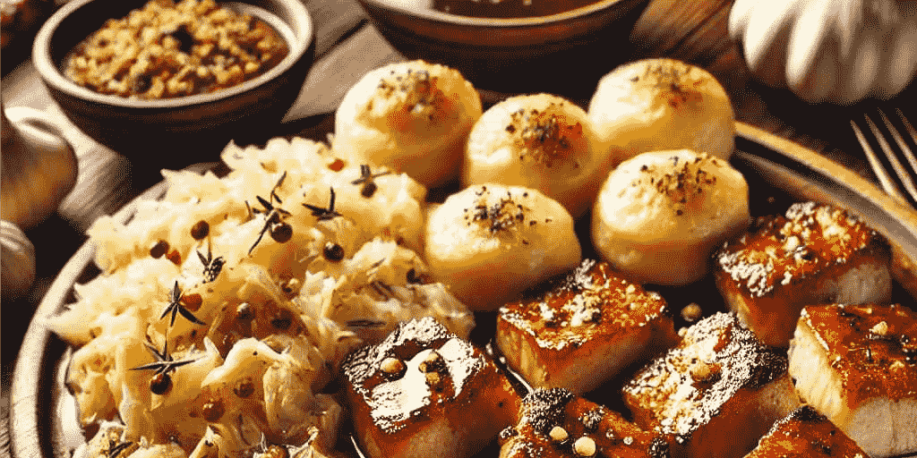 A tray of bread rolls and savory pastries topped with seeds and herbs.