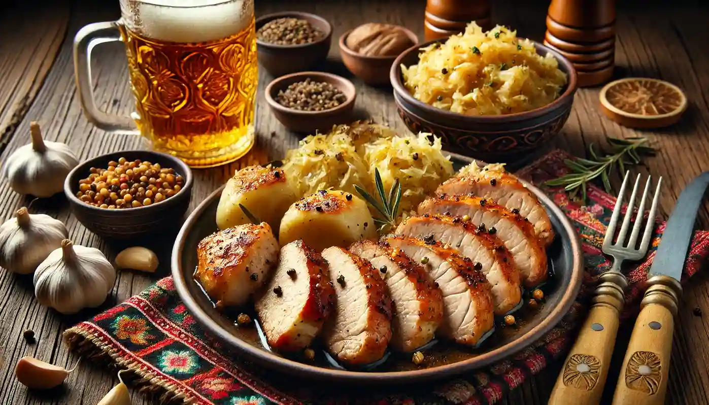 A visually appealing presentation of Moravian Sparrow, a Czech dish with roasted pork, dumplings, and cabbage, set against a rustic background with Czech folk elements like an embroidered tablecloth and a beer mug.