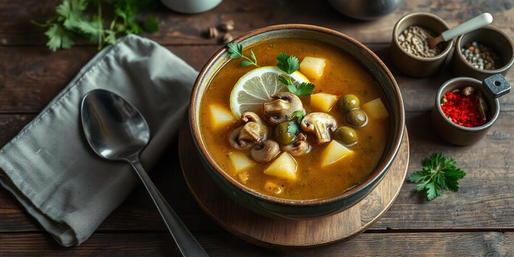 A bowl of soup with potatoes, mushrooms, and fresh herbs.