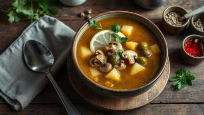 A bowl of soup with potatoes, mushrooms, and fresh herbs.