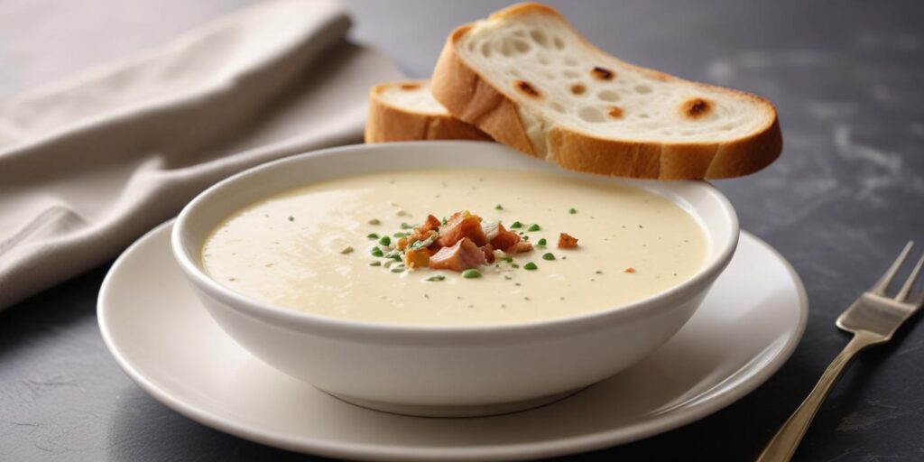 A bowl of creamy soup garnished with herbs, served with slices of bread on the side.