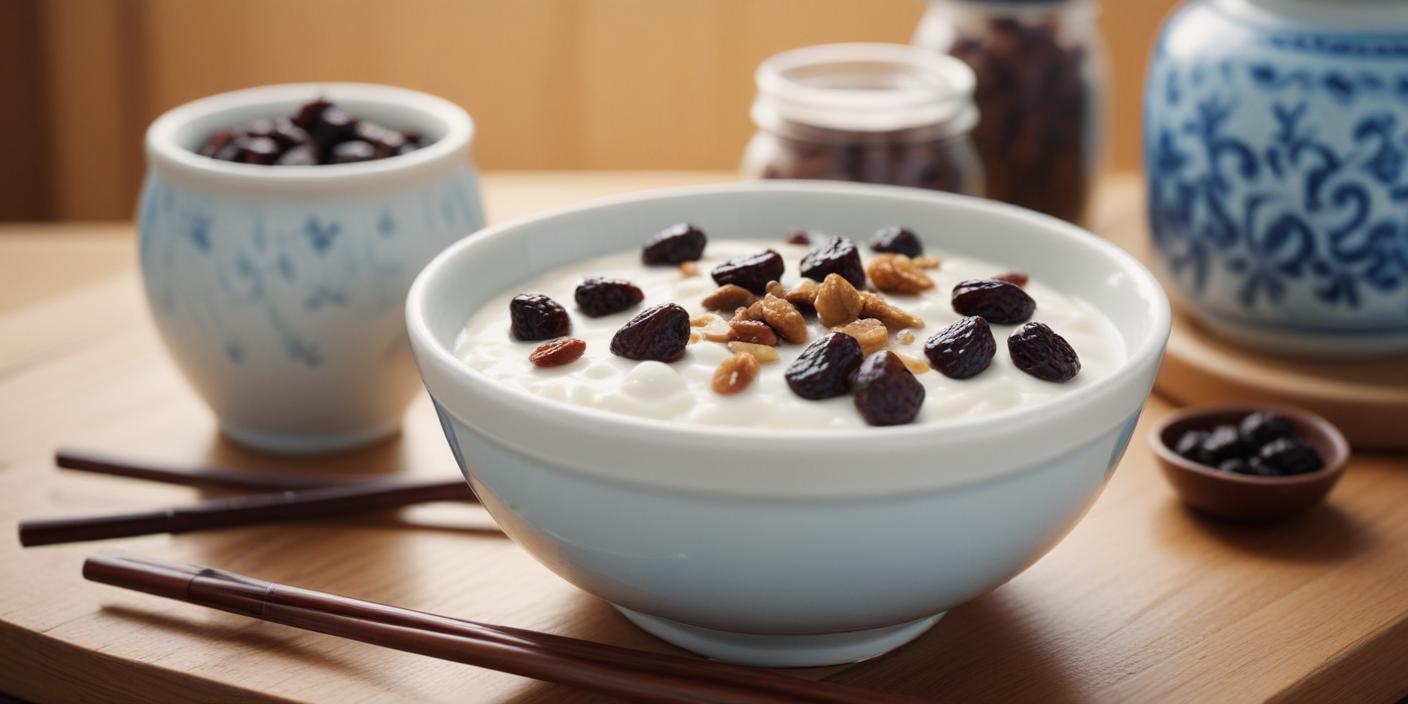 A bowl of yogurt topped with granola, dried fruits, and nuts.