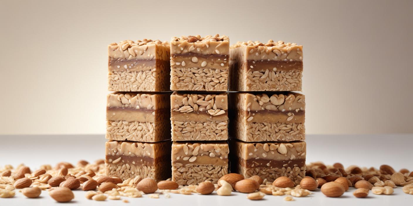 A stack of granola bars made with nuts and oats.