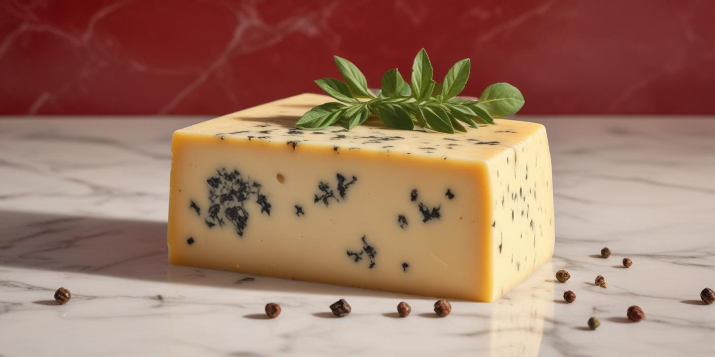 A block of cheese with visible herbs and a sprig of rosemary on top.