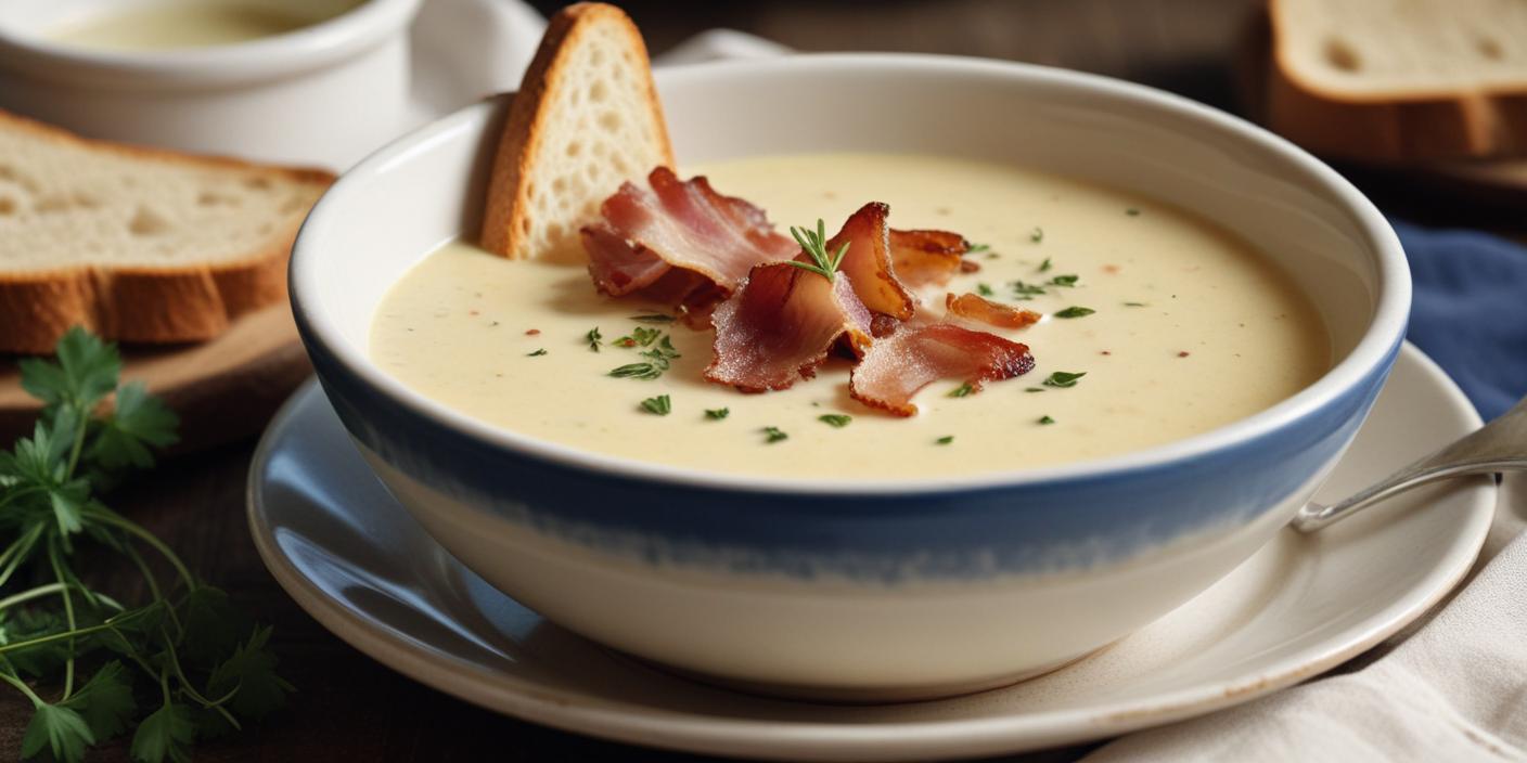 A bowl of creamy potato soup garnished with bacon and served with crusty bread.