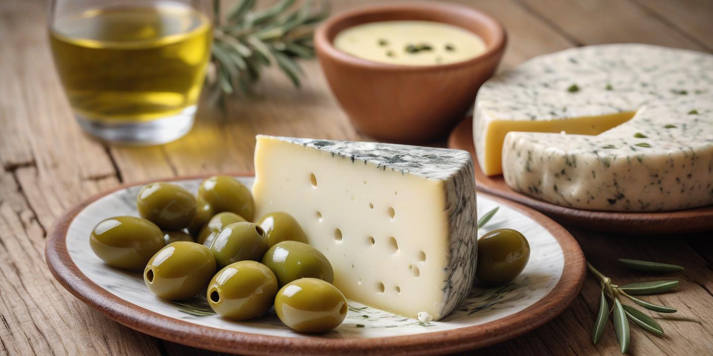 Plate of aged cheese with olives and a side of creamy dip. BookOfFoods