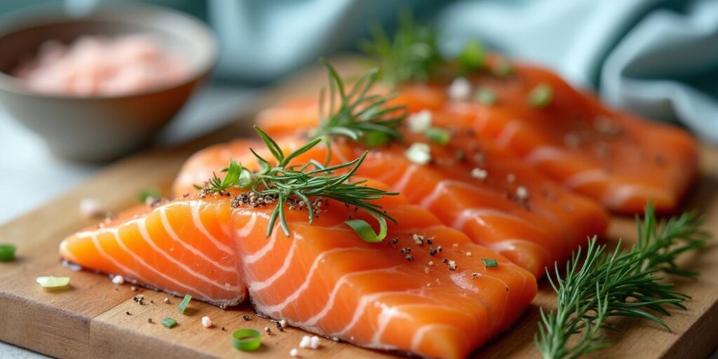 A raw salmon fillet garnished with rosemary, black pepper, and olive oil.