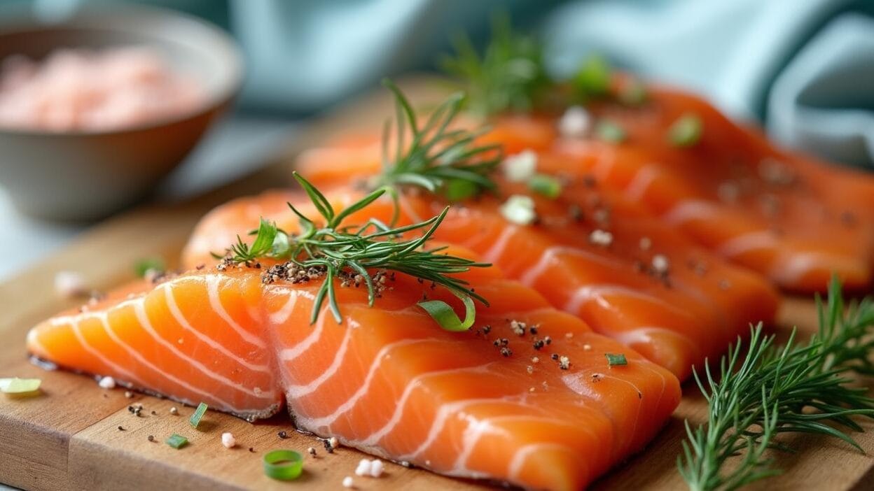 A raw salmon fillet garnished with rosemary, black pepper, and olive oil.