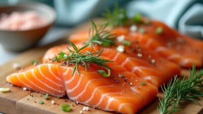 A raw salmon fillet garnished with rosemary, black pepper, and olive oil.