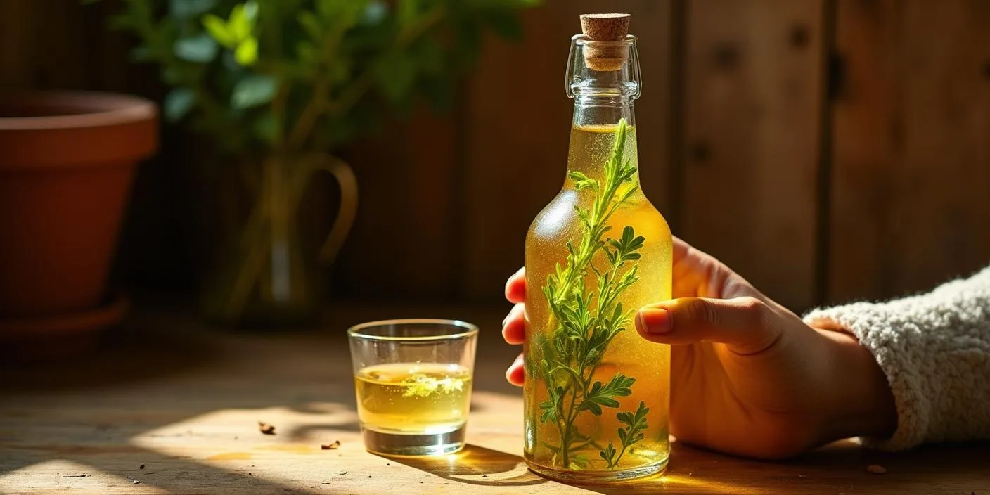 A bottle of herb-infused water being held, with a glass of oil nearby.