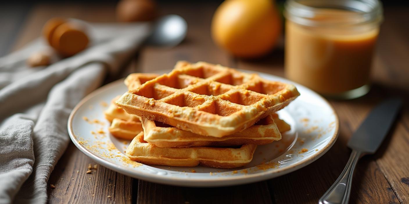 A plate of golden, fluffy waffles stacked and ready to serve.