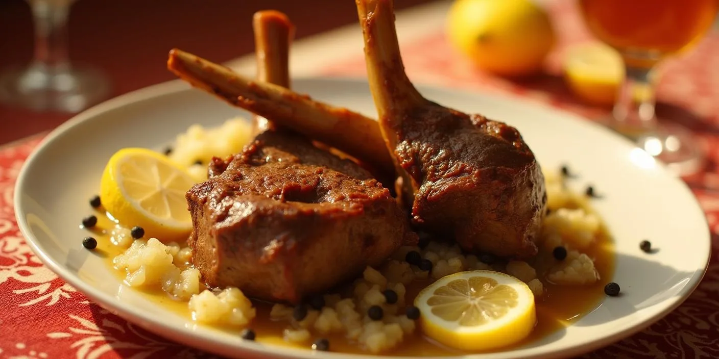 A plate of grilled lamb chops served on a bed of couscous with a lemon wedge.