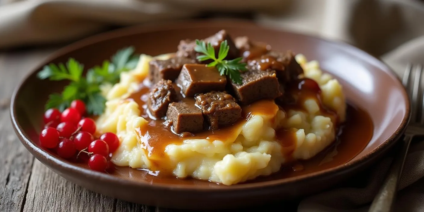 A plate of beef stew served over creamy mashed potatoes and garnished with herbs.