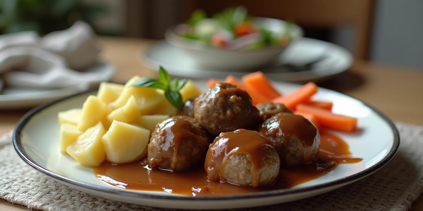 A plate of meatballs served with boiled potatoes and brown gravy, garnished with herbs.