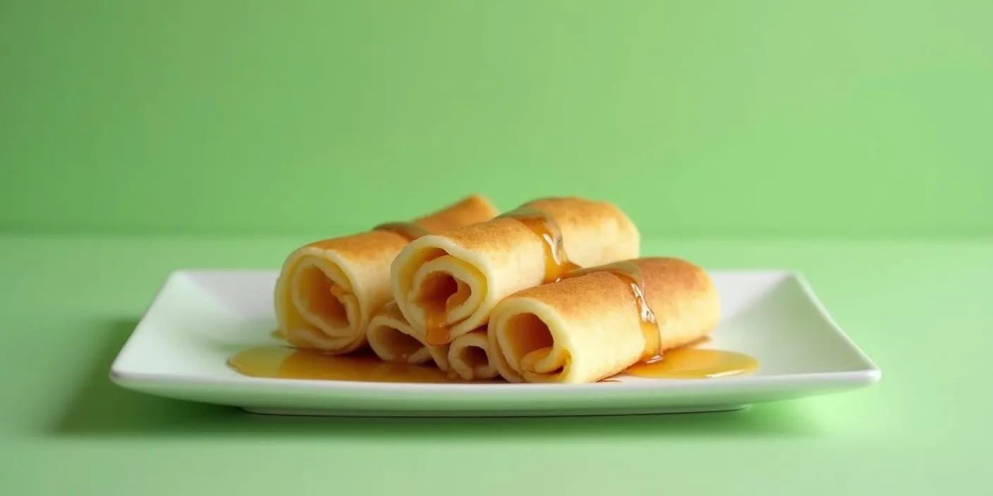 A plate of thin rolled pancakes stacked neatly on a green background.