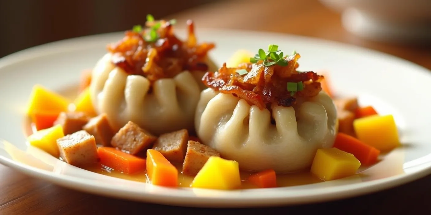 Steamed dumplings topped with caramelized onions and served with colorful vegetables.