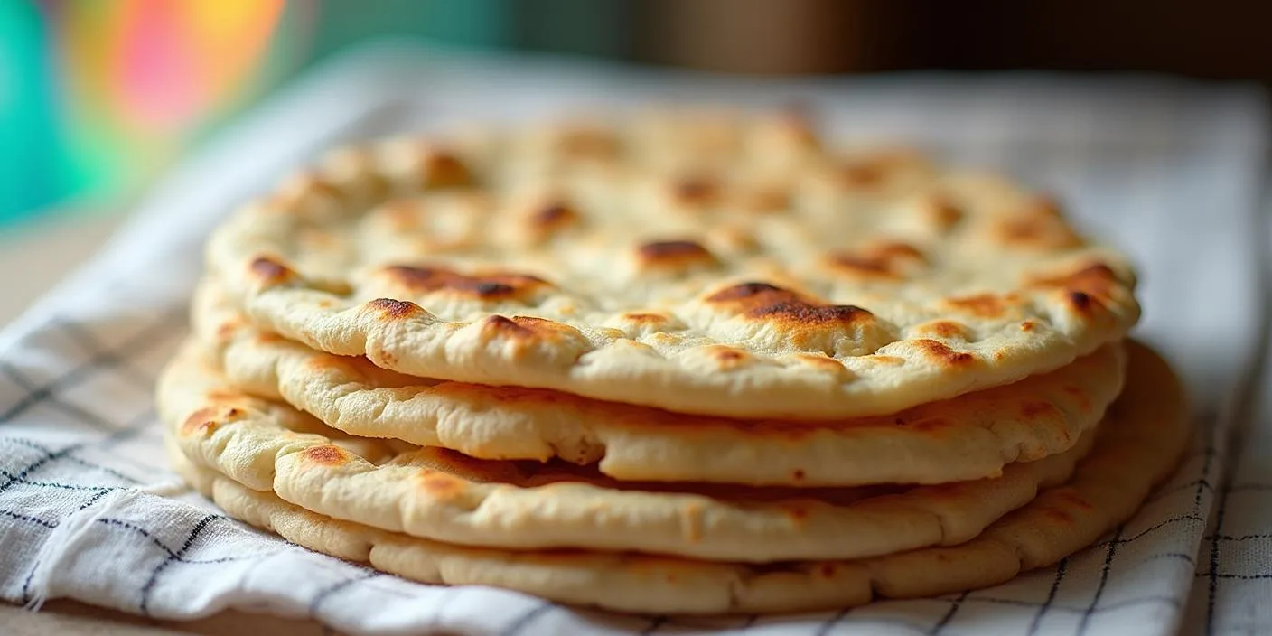 A stack of freshly baked flatbreads arranged on a cooling rack.