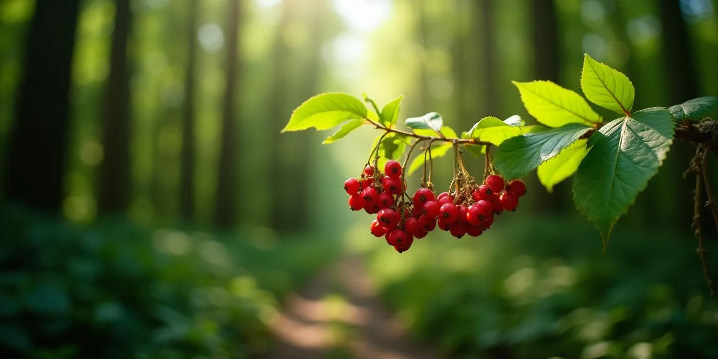 A close-up of vibrant red wild berries hanging from a branch in a forest setting.