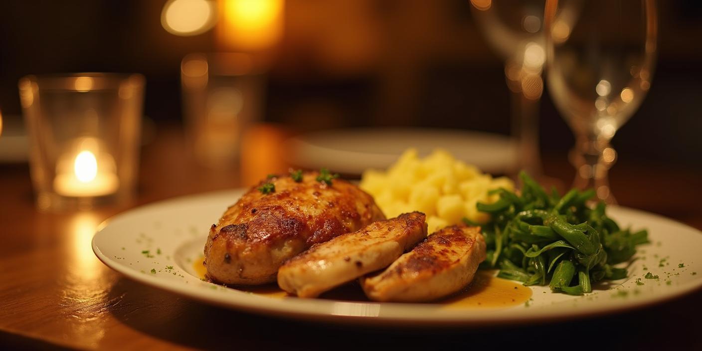 A plate of grilled chicken breast served with mashed potatoes and steamed greens.