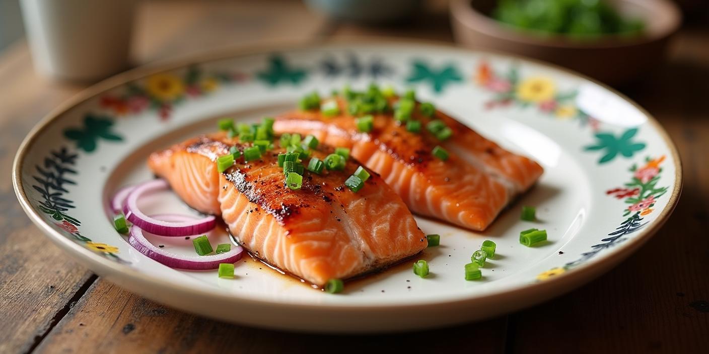 A plate of grilled salmon garnished with fresh herbs and served with lemon slices.