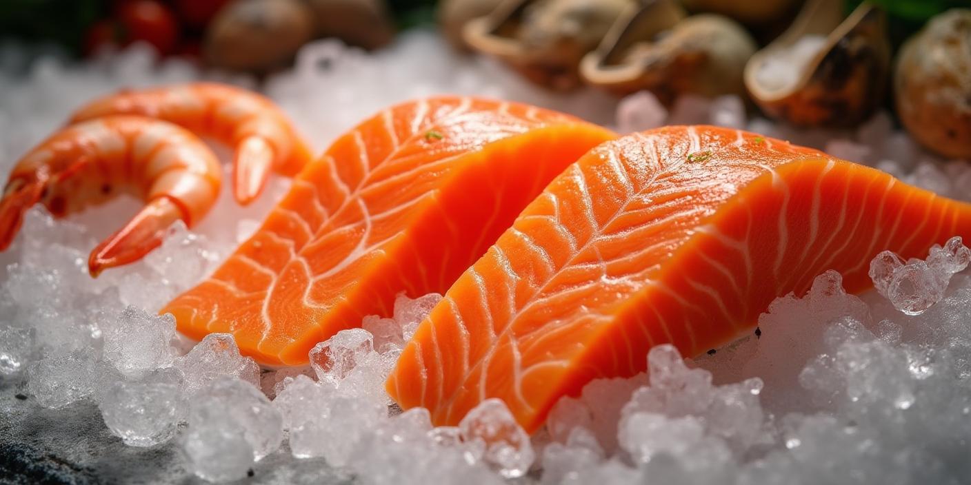 Slices of fresh salmon placed on a bed of crushed ice, garnished with herbs.