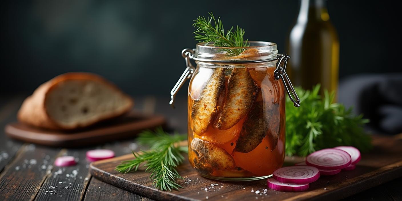 A glass jar filled with pickled fish, onions, and fresh dill.