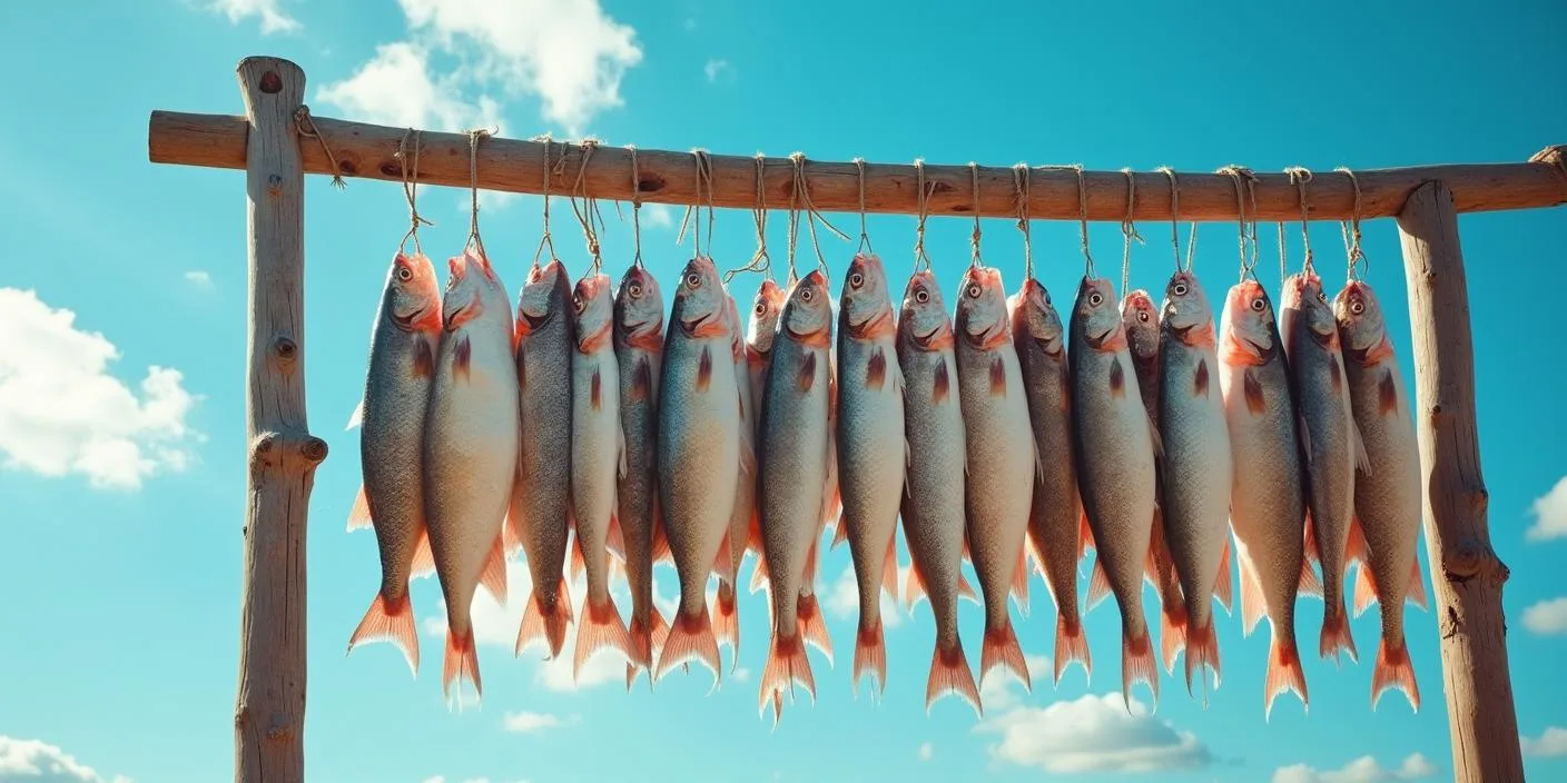 A row of fish hanging on a wooden rack to dry under a clear blue sky.