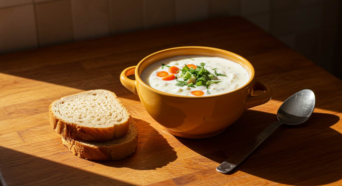 Creamy vegetable soup served in an orange bowl with a side of bread. BookOfFoods