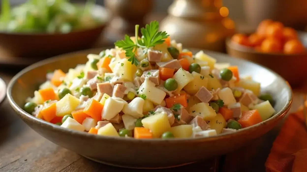A beautifully decorated bowl of traditional Olivier salad with sour cream, a famous holiday dish with diced potatoes, carrots, pickles, peas, boiled eggs, and boiled meat.