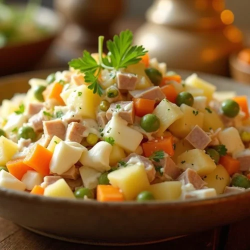A beautifully decorated bowl of traditional Olivier salad with sour cream, a famous holiday dish with diced potatoes, carrots, pickles, peas, boiled eggs, and boiled meat.