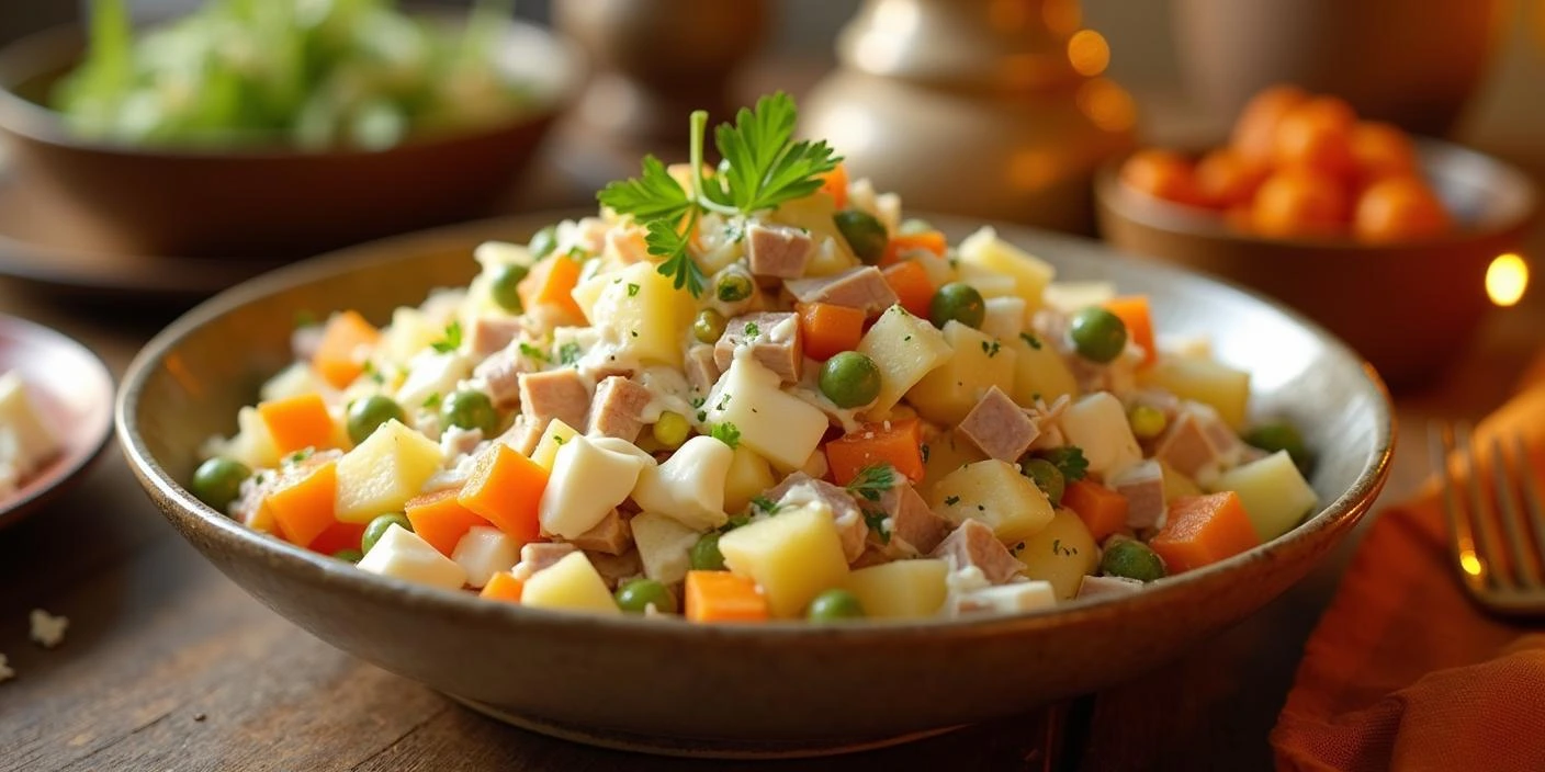 A beautifully decorated bowl of traditional Olivier salad with sour cream, a famous holiday dish with diced potatoes, carrots, pickles, peas, boiled eggs, and boiled meat.