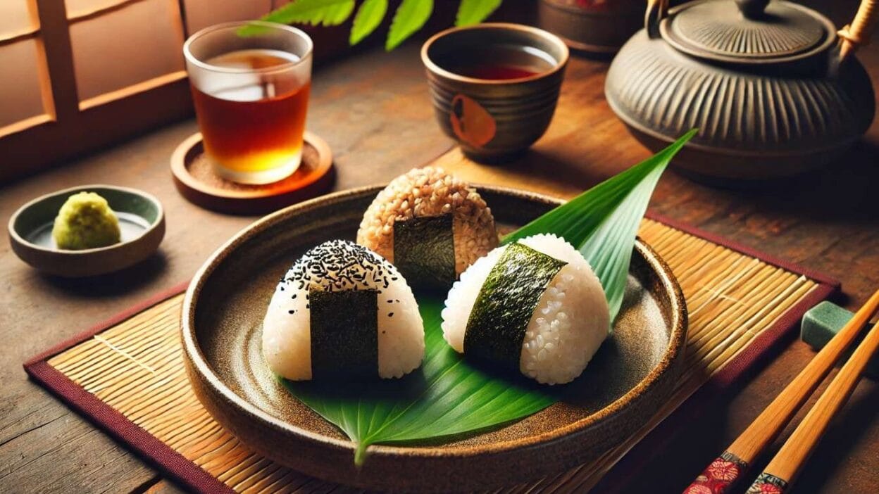 Traditional Japanese tea and onigiri – A rustic tea set with a plate of onigiri rice balls wrapped in seaweed, served on a wooden table with warm lighting.