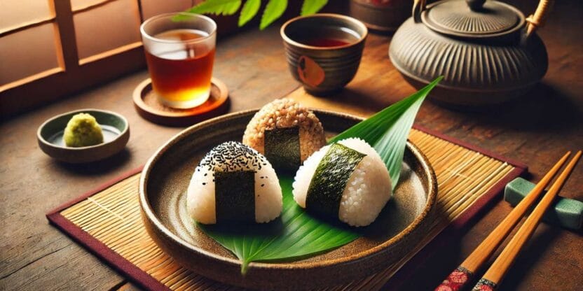 Traditional Japanese tea and onigiri – A rustic tea set with a plate of onigiri rice balls wrapped in seaweed, served on a wooden table with warm lighting.
