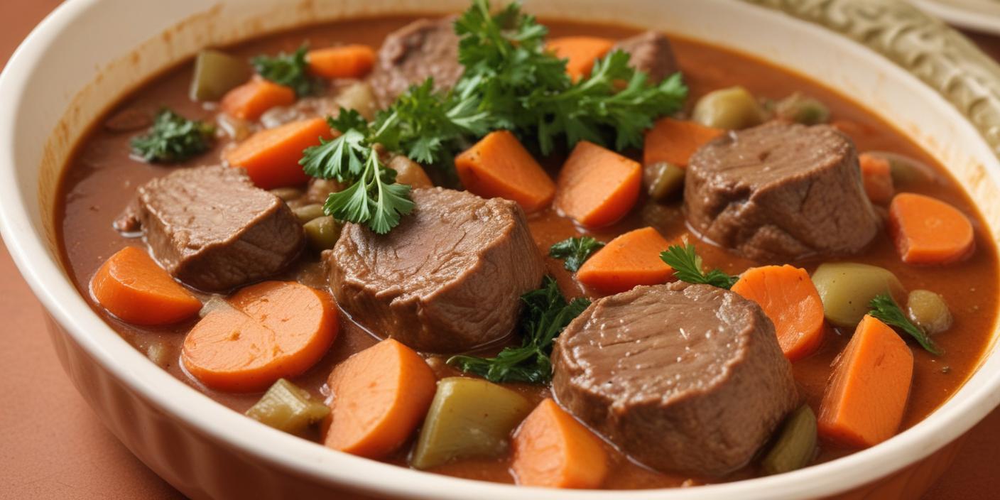 Beef stew with carrots, bell peppers, and fresh parsley. BookOfFoods