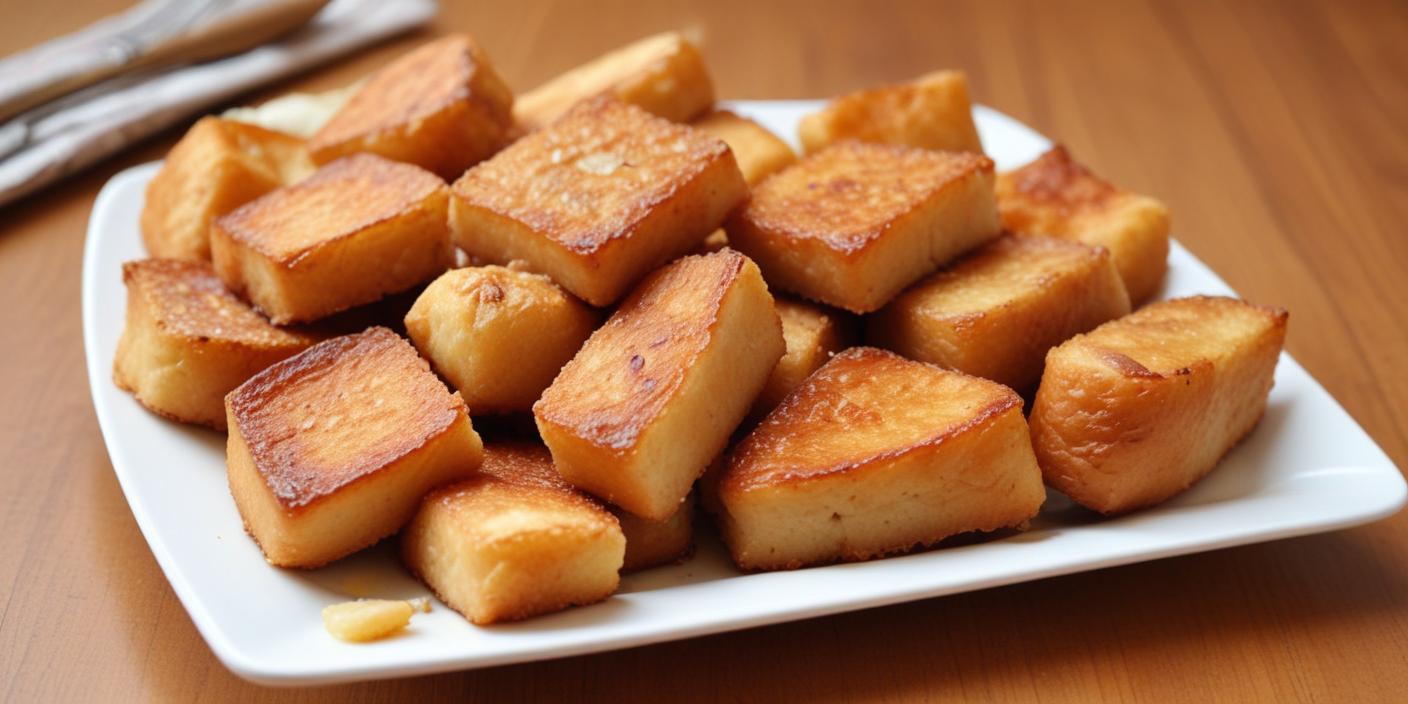 Fried bread cubes with a crispy golden crust, served on a white plate. BookOfFoods