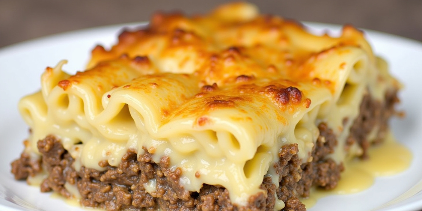 Baked pasta casserole with ground meat, layered with cheese and a crispy top. BookOfFoods