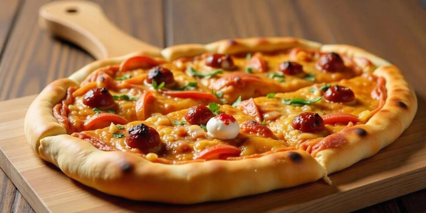 Classic Baked Pizza – A crispy pizza with a golden crust topped with cheese, tomatoes, and olives.