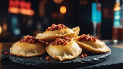 Savory Pierogi with Bacon – A serving of pierogi topped with crispy bacon bits.