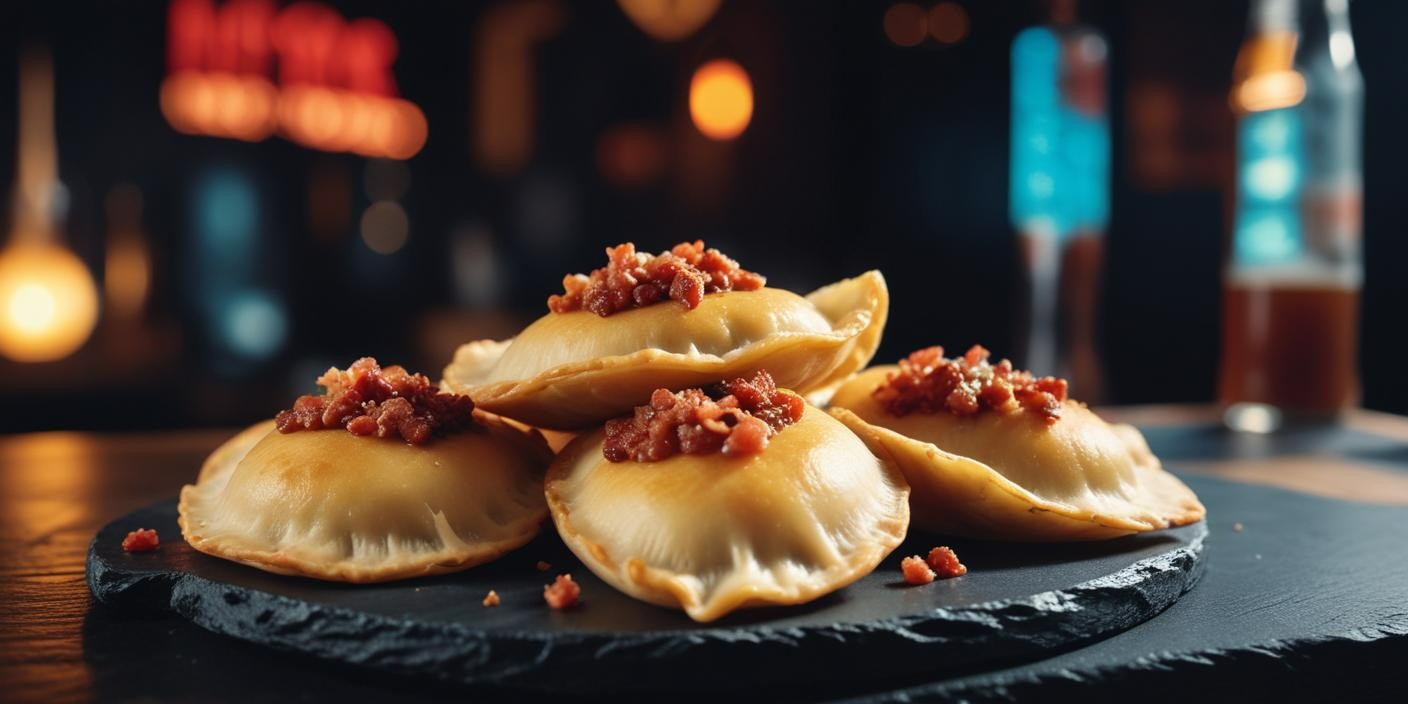 Savory Pierogi with Bacon – A serving of pierogi topped with crispy bacon bits.