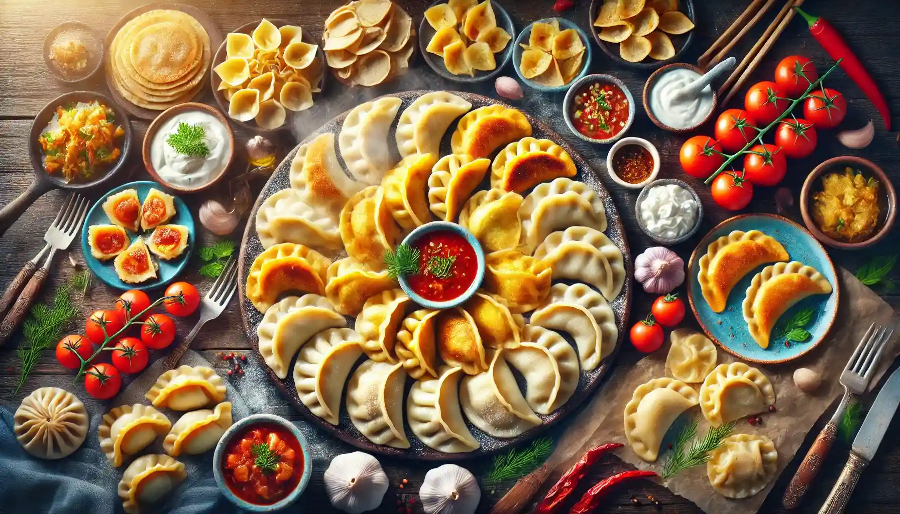 Dumpling Feast Platter – A beautifully arranged assortment of dumplings with different fillings and sauces.