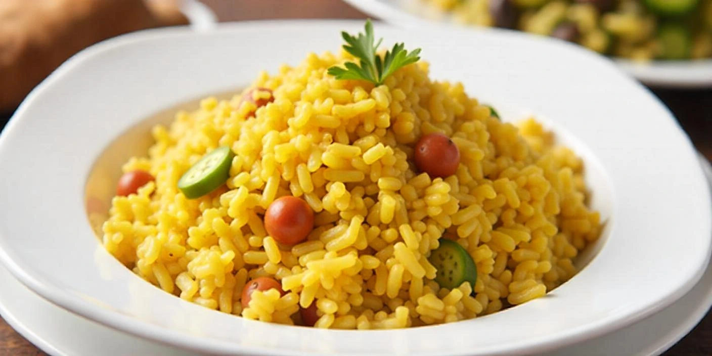 Golden Spiced Rice – Fluffy rice cooked with spices and chickpeas, garnished with fresh herbs.